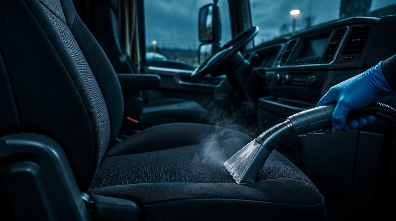 Mano con guanto blu che pulisce a vapore il sedile di guida di un camion